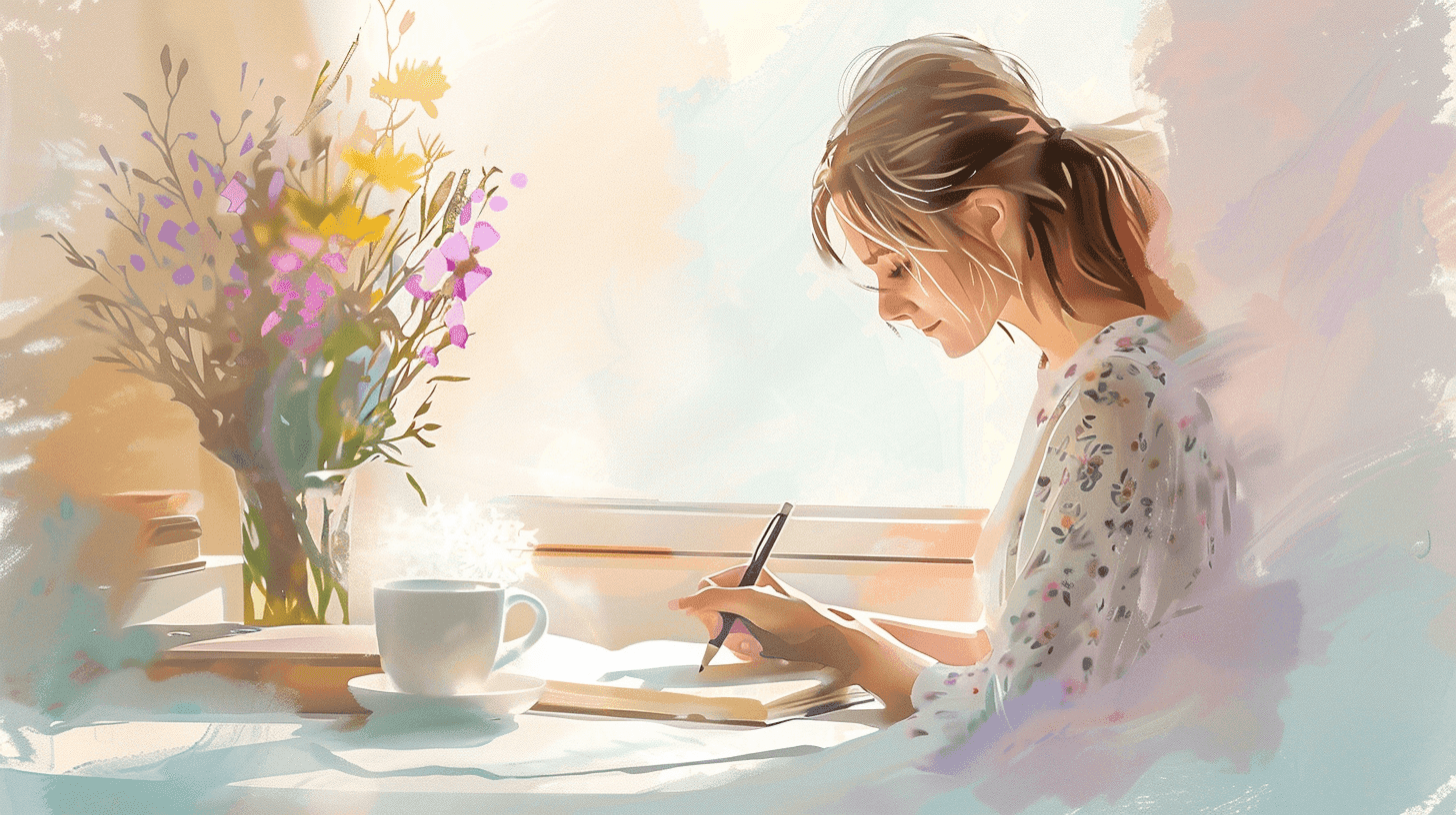 Soft illustration of a new mother thoughtfully considering her medication questions, representing postpartum depression medication side effects