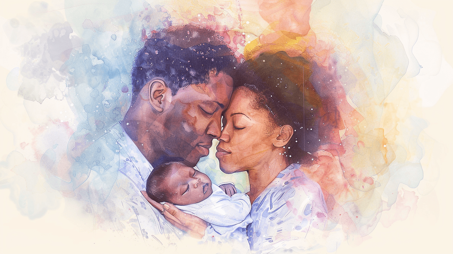 Parents with newborn sharing a tender family moment, representing the relationship journey during postpartum