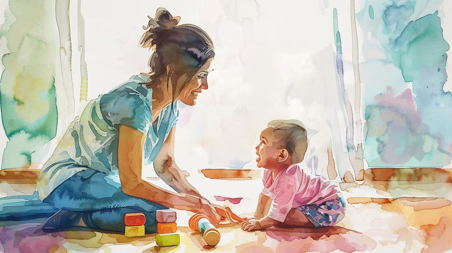 Watercolor of a mother playing peek-a-boo with her laughing baby