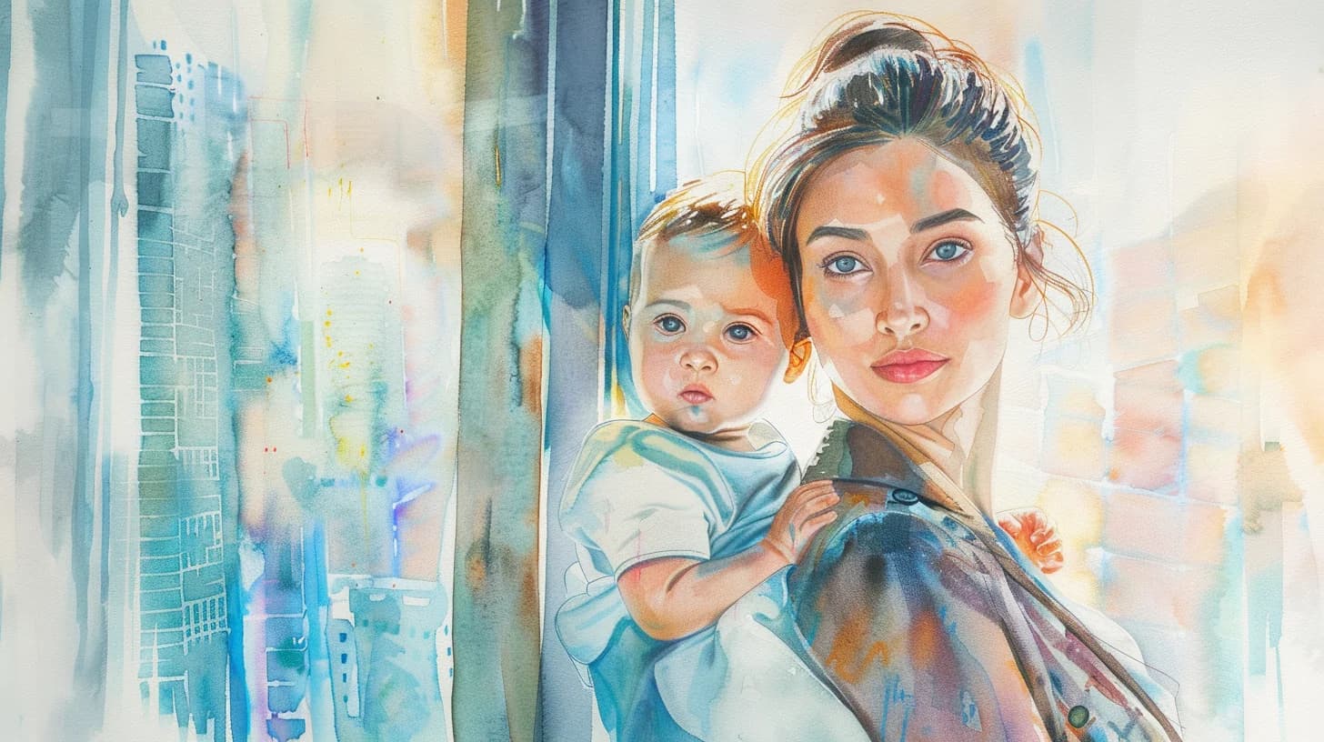 Watercolor of a confident mother holding her baby