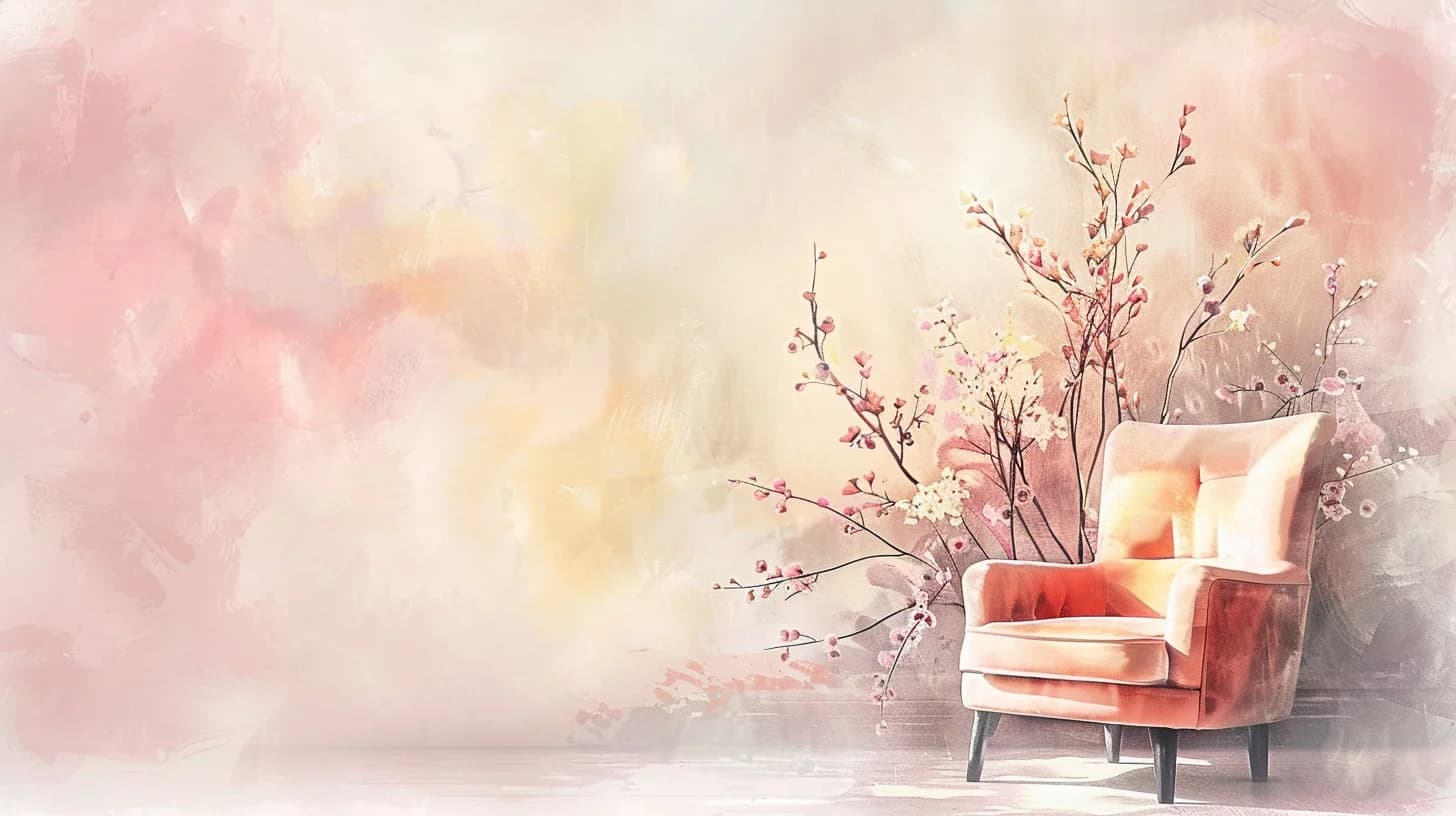 Watercolor of a cozy therapy office with a comfortable armchair