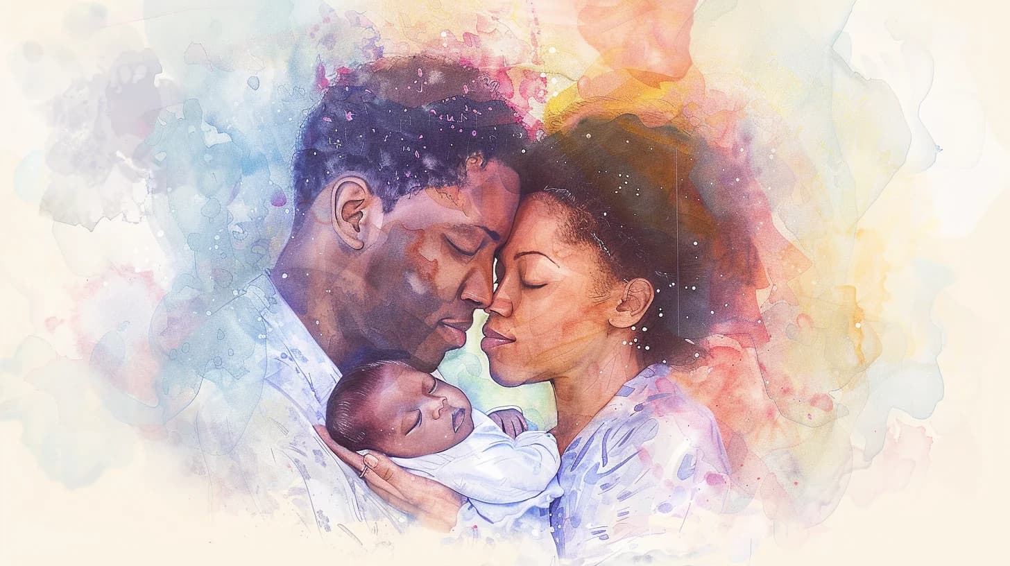 Watercolor of partners caring for their newborn together