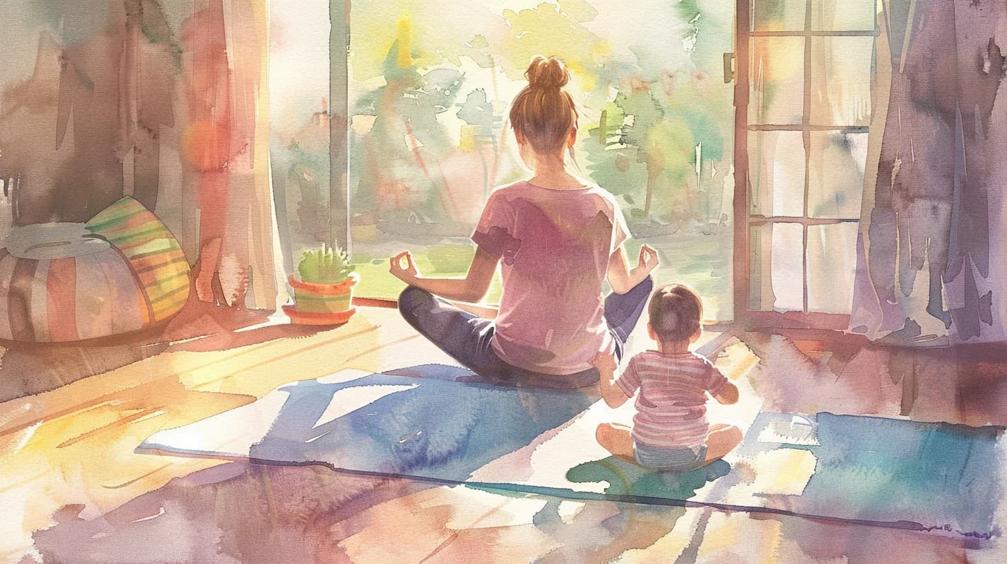 Watercolor of a mother doing gentle yoga while her baby plays nearby