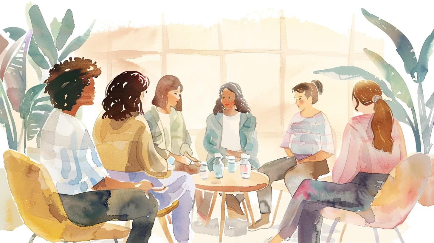 Watercolor of a supportive women’s group in a circle