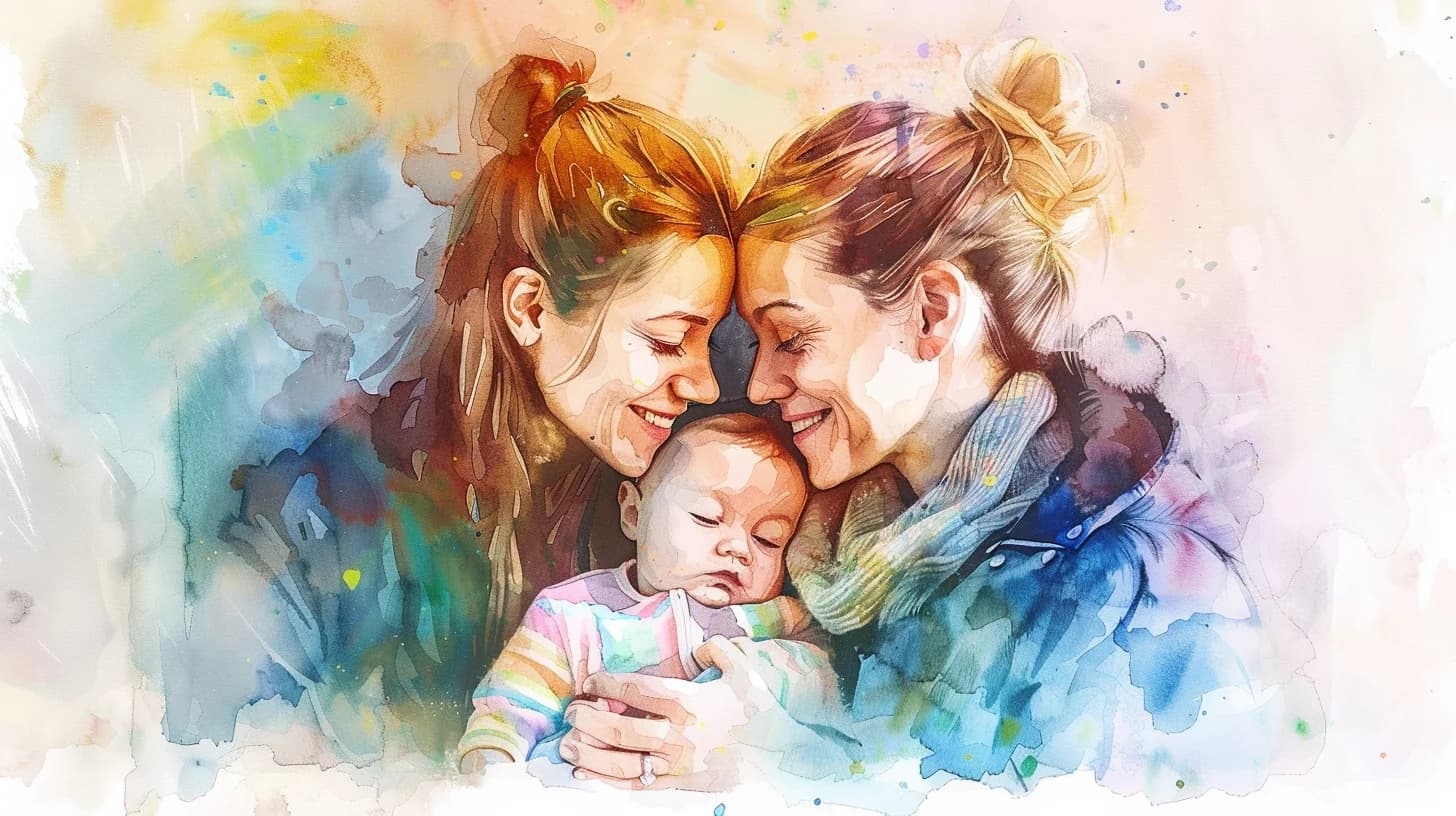 Watercolor of two parents holding their baby together