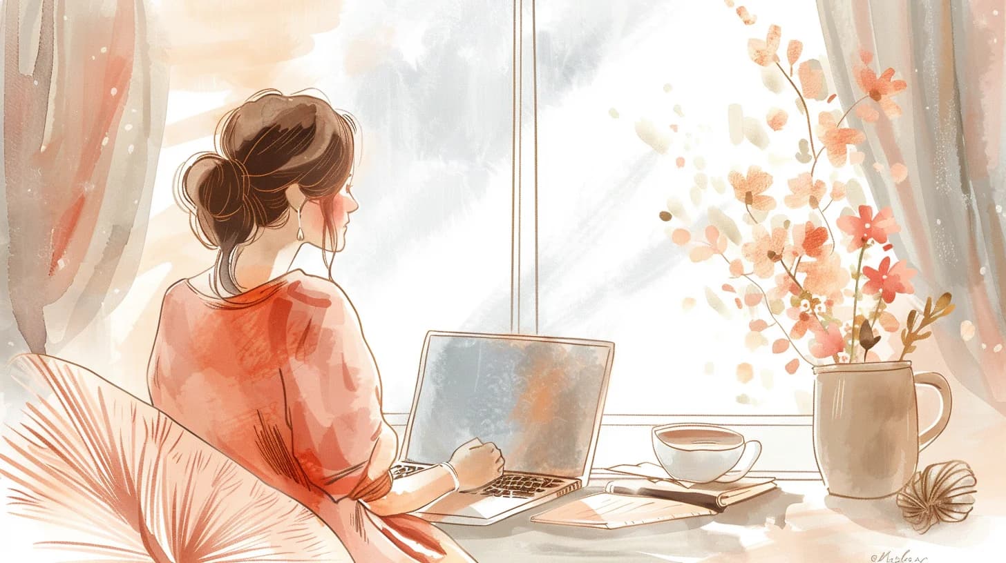 Watercolor of a woman on a telehealth call at home
