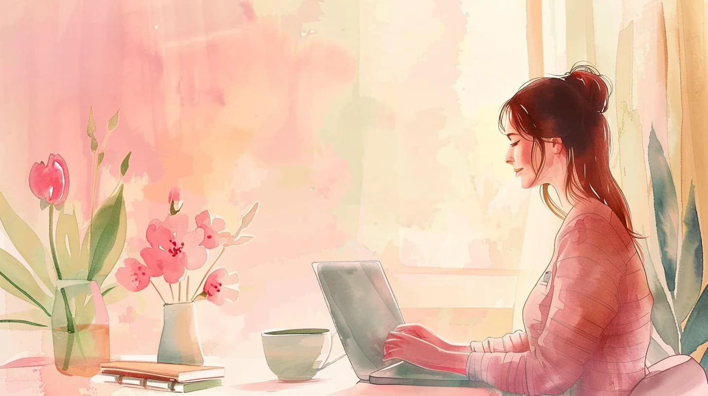 Watercolor of a woman speaking with her provider by video