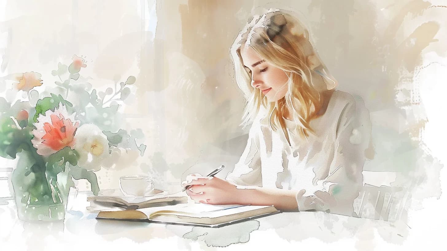 Watercolor of a woman writing in a journal