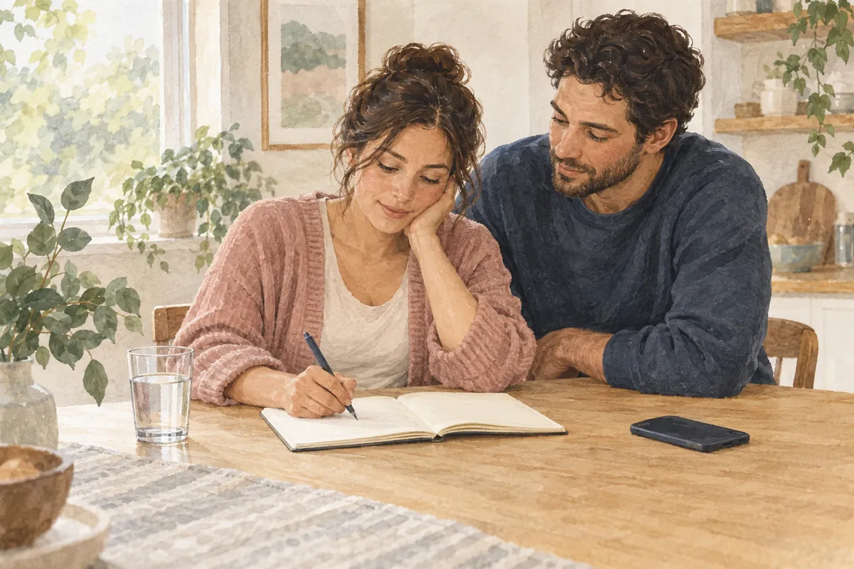 Watercolor illustration of a mother writing a care plan with her partner beside her.